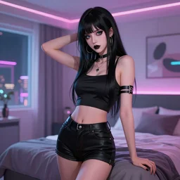goth girl, posing, vaporwave, modern bedroom!!!!!, highly detailed, digital painting, artstation, concept art, smooth, sharp focus, illustration, art by artgerm and greg rutkowski and alphonse mucha