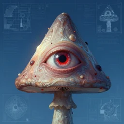 portrait of triangular mushroomfolk head and shoulders with single centered giant bloodshot eye, in the style of Greg Broadmore and Arthur Rackham and Moebius, trending on artstation, light lighting side view,digital art,surrealism ,macro,blueprint ,vaporwave ,
