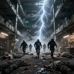 low wide angle photo of a abandoned cyberpunk shopping mall with dead human bodies on the floor, a crew of high tech soliders are running out, cinematic lightning, ray tracing, unreal engine, photorealistic, detailed, dark, moody, foggy, scary