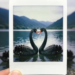 1 9 5 0 s polaroid picture of black swans touching heads making a heart with their necks on a beautiful mountain lake