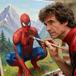 a closeup photorealistic photograph of bob ross holding a paintbrush and diligently finishing a canvas painting of spider man. mountains and trees. film still. brightly lit scene. this 4 k hd image is trending on artstation, featured on behance, well - rendered, extra crisp, features intricate detail, epic composition and the style of unreal engine.