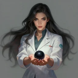 a portrait art of a beautiful young female scientist holding a small black hole in her hands, league of legends art, stylised, elegant, sharp focus, morandi color scheme, illustration, high quality, highly detailed, long hair, digital art, fantasy art style, art station