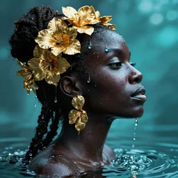 hyperrealistic precisionist cinematic profile very expressive! black oshun goddess, in water! up to shoulders, mirror dripping droplet!, gold flowers, highly detailed face, digital art masterpiece, smooth eric zener cam de leon, dramatic pearlescent turquoise light on one side, long shot low angle uhd 8 k, tilt shift