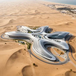 parametric structure, medical complex, in the desert beside the gulf, view from above, design by anish kapoor, dezeen, architectural photography