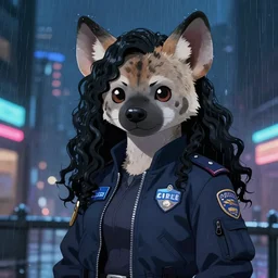 character portrait of a female anthro hyena fursona with a cute beautiful attractive furry face and long black curly hair wearing a police bomber jacket in a cyberpunk city at night while it rains. hidari, color page, tankoban, 4K, tone mapping, Akihiko Yoshida.