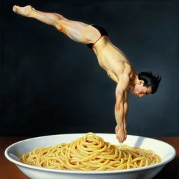 olympic diver diving into a dish of pasta, detailed surrealist painting by salvador dali