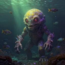 surrealistic monster on alien planet, underwater world, many fish, dim painterly lighting volumetric aquatics, detailed, subsurface scattering, green - purple - yellow lighting