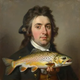 a head and shoulders portrait painting of an anthropomorphic!!!!!!!!!! brown trout!!!!!!!!!! wearing a colonial outfit without a hat looking off camera, a character portrait, american romanticism, oil on canvas, soft focus