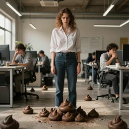 unhappy advertising people taking poops in their open space office. high resolution color magazine candid photograph poop everywhere.