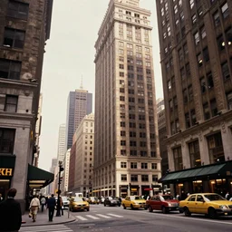 city street at 1 9 3 0 s. low angle. old photo. atmospheric. skyscrapers. vivid colours. epic scene. trending on trainstation. 4 k. very high detailed.