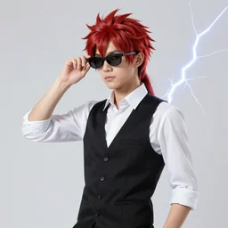 photorealistic young man with red spiked long hair, using googles. Wearing black waistcoat, white shirt. dynamic lightning.