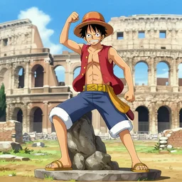 a statue of Luffy from One Piece (1997) in the ruins of Rome