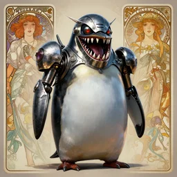 mecha anthropomorphic penguin, horror, shark teeth, metalic, glowing eyes, by Stanley Artgerm Lau , greg rutkowski, thomas kindkade, alphonse mucha, loish, norman rockwell. Trending on artstation detailed illustration hd 4k
