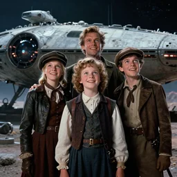 extremely sharply detailed, scan from blockbuster 9 6 k sci fi color movie freeze frame, set 1 8 6 0, family standing in front of crashed spaceship, on alien planet, looking happy, wearing 1 8 5 0 s era clothes, atmospheric lighting, in focus, reflective eyes, - 9 9 9 mm macro lens, live action, nice composition, good photography, real faces