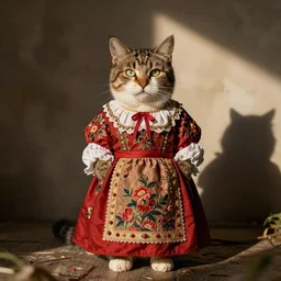 a cat dressed like a babushka