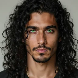 handsome!! hyper realistic man with long black curly hair, tan skin, ( ( ( grassy ) ) ) colored iris ', green eyes!!!, anchor goatee | art by hirohiko araki & jean giraud & artgerm