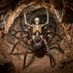 a human skeleton mounting a giant spider inside of a cave