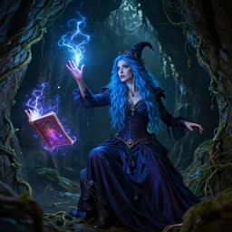 blue haired female witch casting a spell, electric vines, floating spell book, magic, cave, 8 k, cinematic lighting, art by greg rutkowski