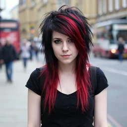 a pale emo girl, messy black and red hair, waist length, british street background, flickr, 2 0 0 6