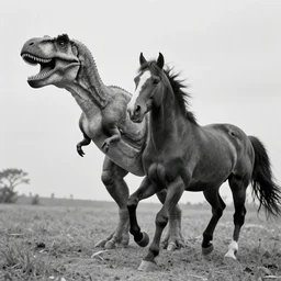 [ [ t rex ] ] and a horse with legs, hands, movement, soft, black and white photograph, 1 8 5 0 s