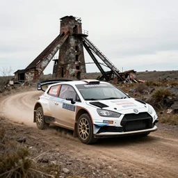 rally car driving past an abandoned coal mine on a dirt road. film, high - speed sports photography, soft lighting