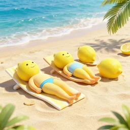 3 d lemon sunbathes on the beach, 3 d render
