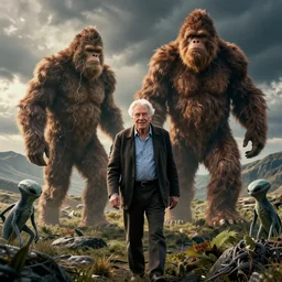 movie poster about David Attenborough and cryptids, Bigfoot, Nessie, aliens
