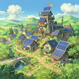 solarpunk village, studio ghibli!!!!!!!, anime!!!!!!!, artstation, sunny