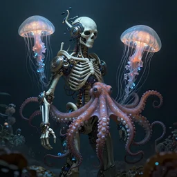 underwater photography of a biopunk human skeleton in symbiosis with an octopus and a jellyfish, intricate and ornate alien technology, bioluminescence, bloom, dim rim lighting, by victor grasso and scott musgrove, anton semenov and tooth wu, digital illustration, concept art, cg society