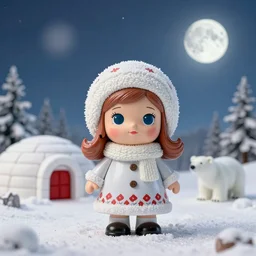 face portrait of a tin toy eskimo girl, sky, winter, snow, 1 9 5 0 s, igloo, moon, polar bear, nicoletta ceccoli, mark ryden, lostfish, depth of field, detailed and intricate red square environment, 8 k resolution, hyperrealistic, octane render