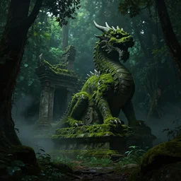 epic temple ruin with a statue of a dragon overgrown with moss in a dark lush green forest, dark night, matte painting, volumetric fog, volumetric lighting, by greg rutkowski, WLOP, trending on ArtStation, CGSociety, concept art, cgsociety, octane render, trending on artstation, artstationHD, artstationHQ, unreal engine, 8k