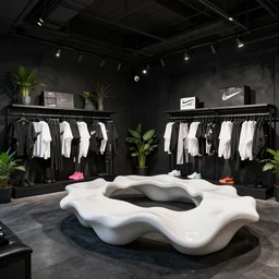 venta black!! nike boutique flagship retail. gothic styled black interior. white sensual flowing furniture!!! with colorful shoes and varied clothes. low ceilings with rails and spots. plants. muted colors. fzd school of design, bloom, hyperdetailed environment, pbr materials.
