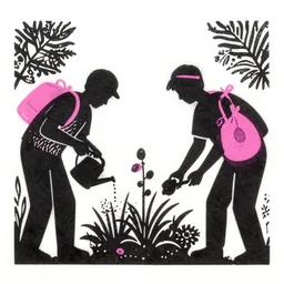 linocut silhouettes of men in a garden watering and cutting plants with salient pink nutsacks on top