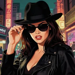 dream of a film still from sin city, closeup portrait of film noir angry megan fox private detective wearing a hat and sunglasses, china town, glamour pose, detailed illustration, digital art, trending on artstation, patrick nagel, graffiti, gta v,