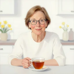 middle aged woman sitting in a table with a hot cup of tea, small wide smile, mandel eyes, glasses, smooth skin, small plump lips, oval face, wrinkled big cheeks, calming white background of a kitchen with yellow flowers, pastel colours, thin blurry lines, oil painting, artstation, matte, sharp focus, illustration, artstyle of susan patton and scott burdick