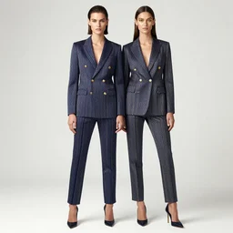 full length shot of a male and female supermodel side by side. They are both wearing blue and gold striped suits styled by calvin klein and hugo boss, high key portrait, gold makeup