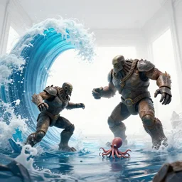 a giant room with bright white walls, two golems fighting a giant wave of water and a small octopus, fantasy, digital art