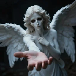 angel of death offering a hand in the dark with sympathetic smile high quality, realistic, tilt shift