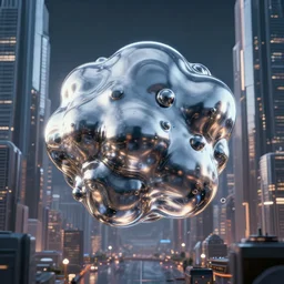 photo of a chrome blob in a dystopic future city