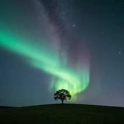beautiful lone tree in the distance on a hill, moonlight, aurora borealis, milky way, landscape photography, hyper-realistic