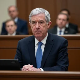 jerome powell on trial for stock manipulation, 4 k still from court