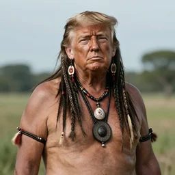 a medium shot portrait photograph of donald trump as a tribal chief from the stone age, dslr photography