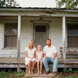 photo of white redneck family sitting on front porch of dilapidated house, mid shot portrait, kodak gold 2 0 0,