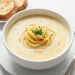 pizza soup with spaghetti and bread, food photography, hd