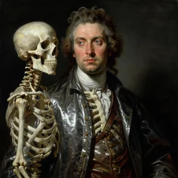 baroque neoclassicist sci - fi portrait of anatomy of a mad scientist & skeleton. reflective detailed textures. gloomy atmosphere, black background. highly detailed fantasy science fiction painting by, moebius, norman rockwell, frank frazetta, and syd mead. high contrast. artstation