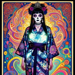 cute punk goth fashion hippy fractal Día de los Muertos android girl wearing kimono made of light posing by Zhang Jingna, psychedelic poster art of by Victor Moscoso Rick Griffin Alphonse Mucha Gustav Klimt Ayami Kojima Amano Charlie Bowater, masterpiece