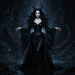 style of ted nasmith : : gorgeous willa holland : : evil witch, swirling black magic, black dress : : symmetrical face, symmetrical eyes : : full body pose : : gorgeous black hair : : magic lighting, low spacial lighting : :