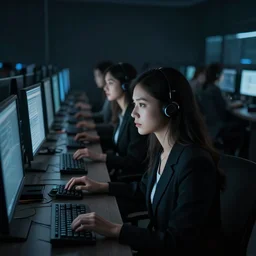 seductive women guarding a wall of computers, dark, realistic, intimidating