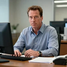 arnold schwarzenegger as conan the barbarian sitting at a desk, as an office worker, in an office, inside an office building, sitting at a desk, angrily shouting at a laptop, angry at laptop, laptop computer, crisp lighting, corporate photography
