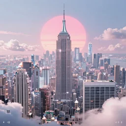 a futuristic new york city in shiny crystalline, octane render, clouds : 3, pink sun : 9, in the style of sahm : 2